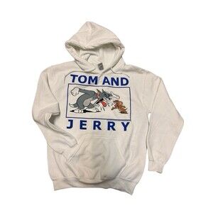 Tom and Jerry Hoodie Graphic Pullover White Kangaroo Pocket Drawstrin small